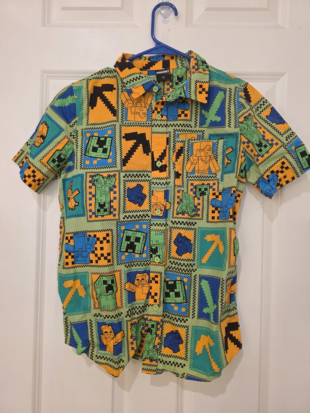 Boys Minecraft Green & Blue Graphic Button-Down Shirt